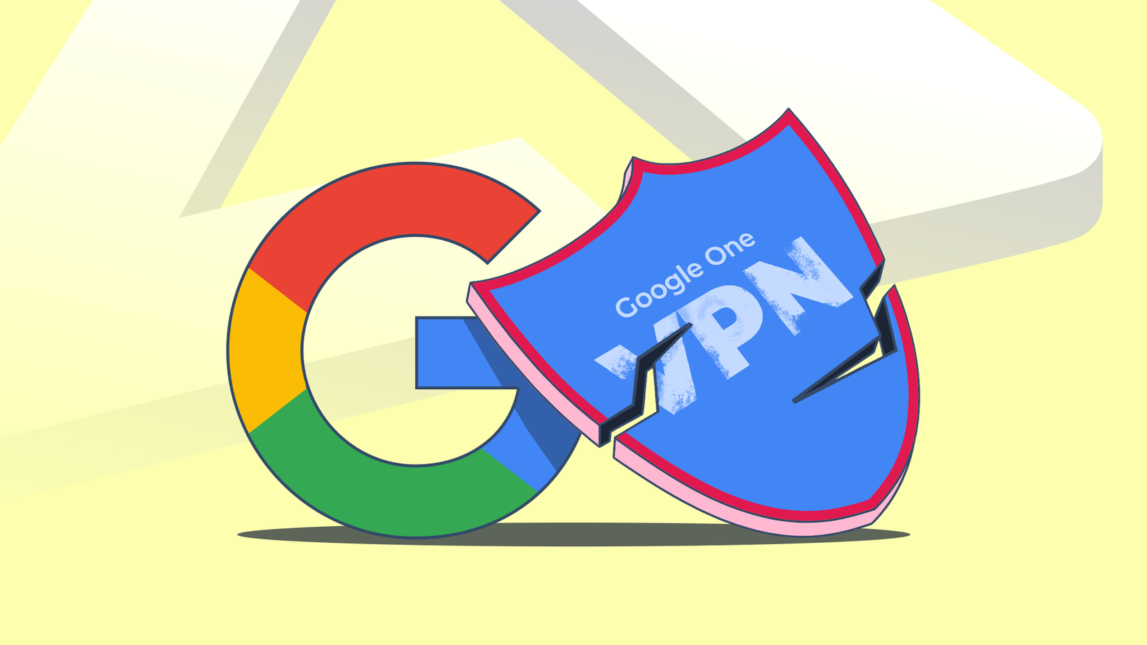 Logotipo ‘G’ do Google próximo a um escudo azul quebrado denominado ‘Google One VPN’.