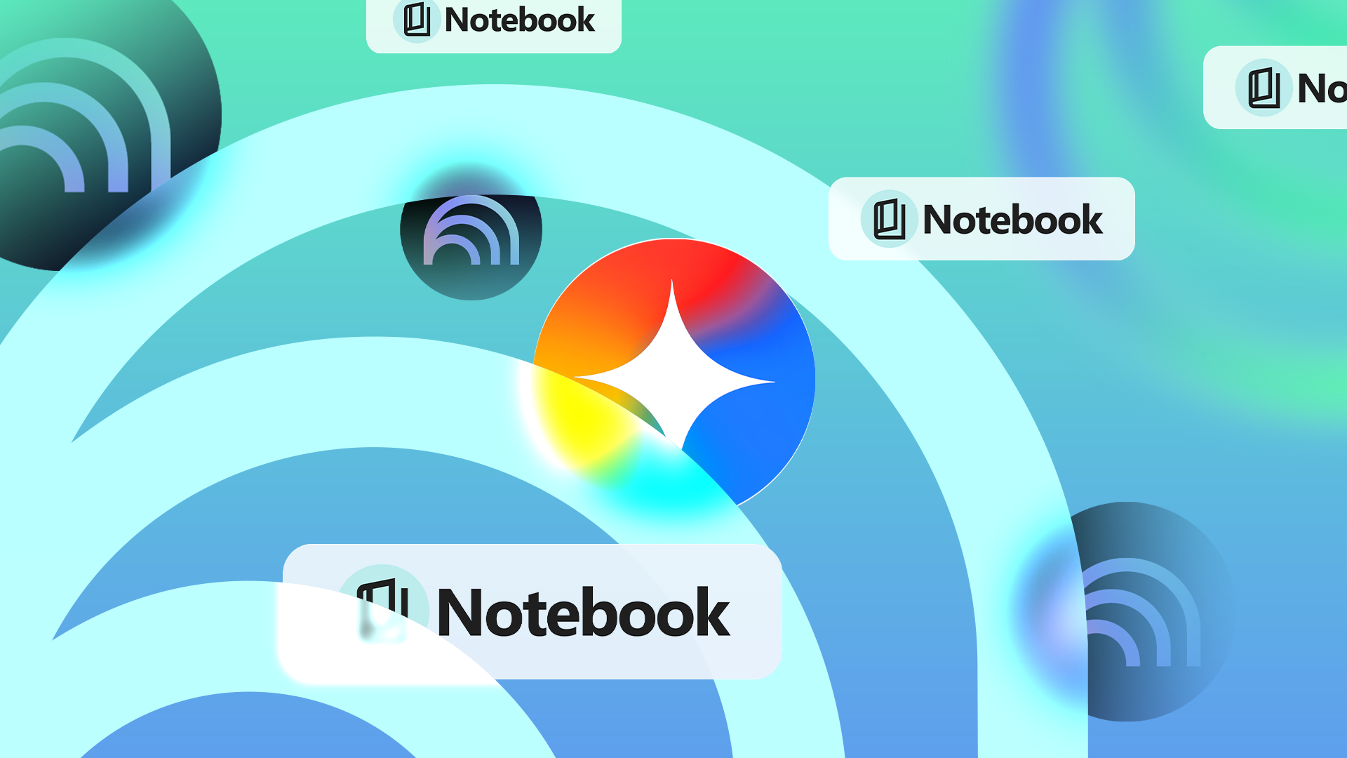 Google Gemini logo centered amongst floating NotebookLM logos and 'Notebook' labels