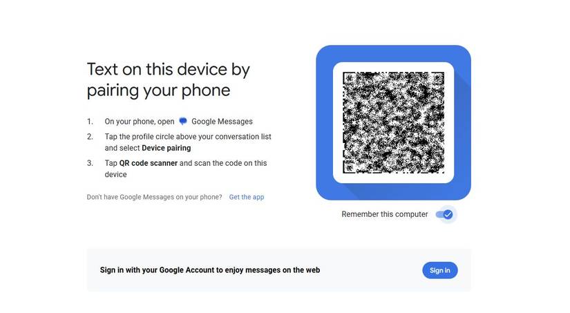 Screenshot showing how to set up Google Messages on desktop