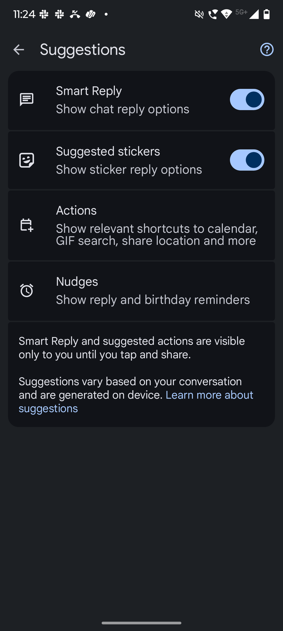 Screenshot che mostra la pagina dei suggerimenti dei messaggi di Google