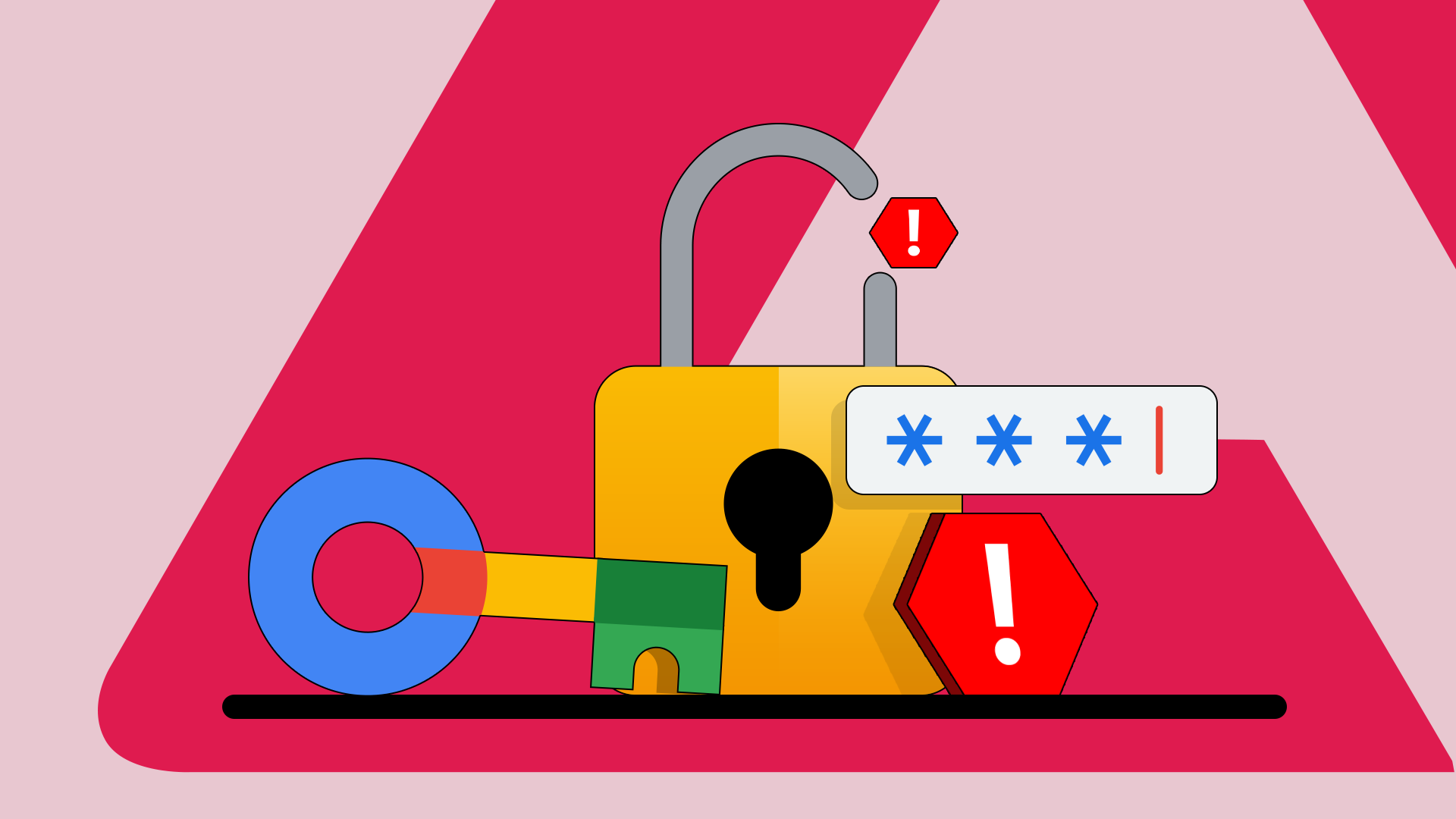 Logo di Google Password Manager accanto a un lucchetto aperto circondato da icone di avviso rosse.