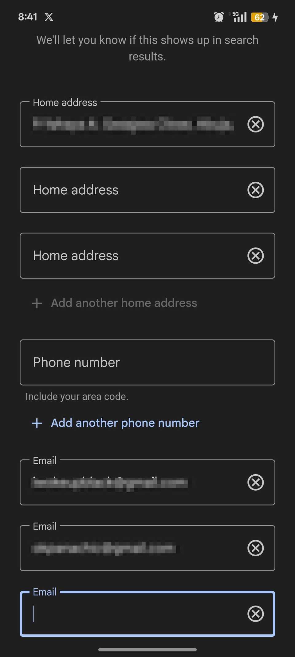Multiple text boxes for user to enter home or email address and phone number 