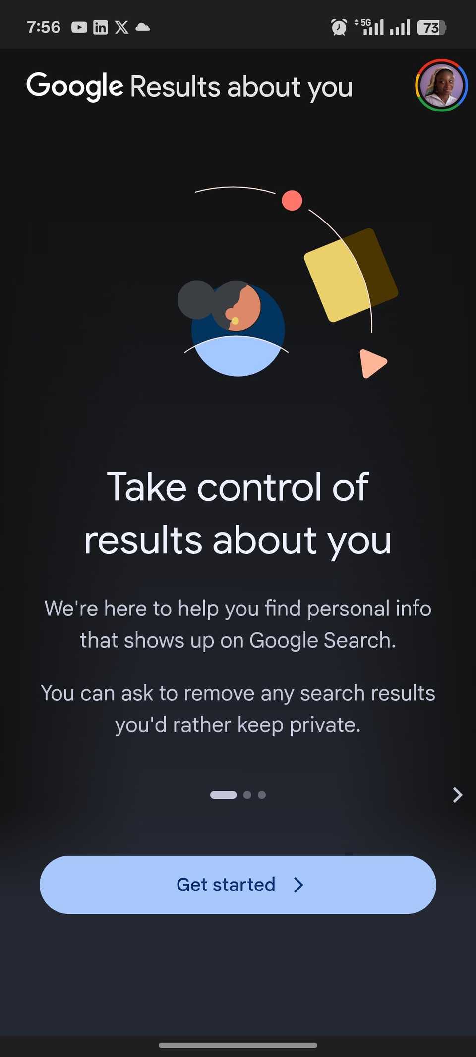 Screen prompting user to get started with Google Results about you tool