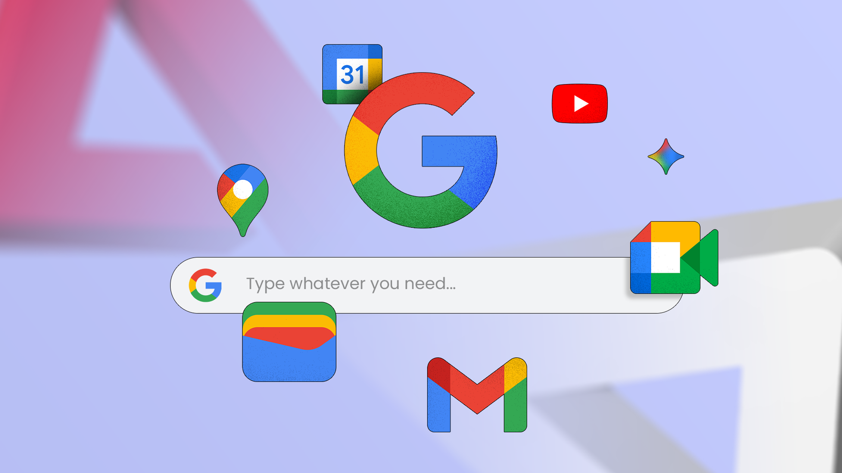 Barra de pesquisa do Google e logotipo ‘G’ cercado por vários ícones de aplicativos do Google