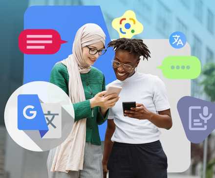 Two smiling women looking at a smartphone, surrounded by floating Google Translate feature icons and speech bubbles.