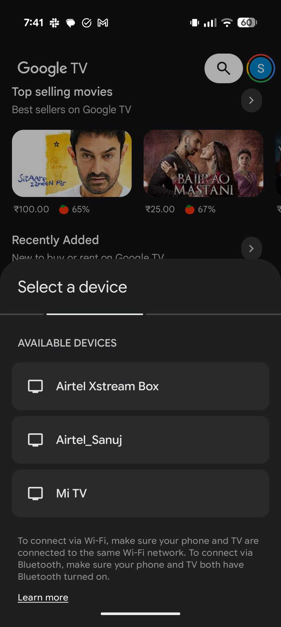 Google TV app showing available devices
