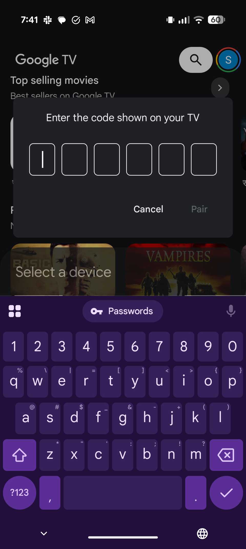 Google TV app asking for pairing code from TV