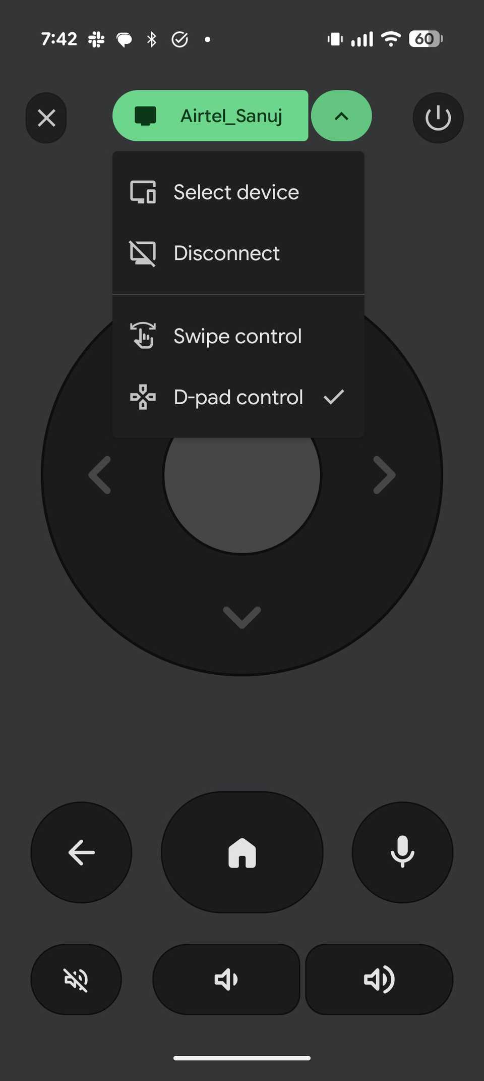 Remote control screen with D-pad and device settings menu