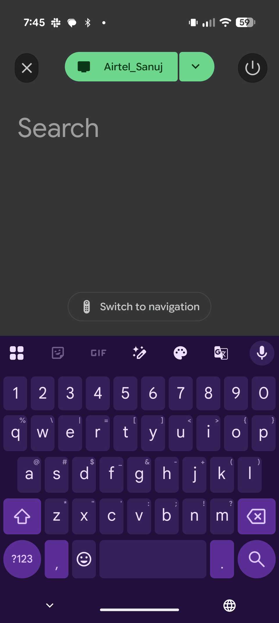 Google TV search input with keyboard and active device shown