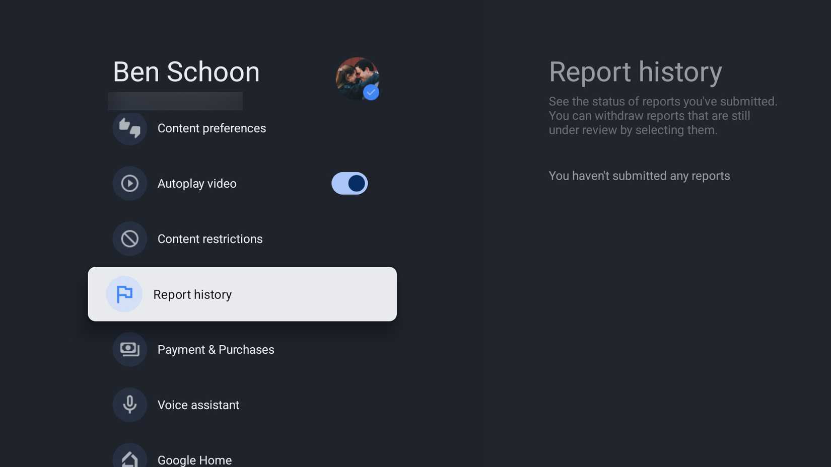 Uno screenshot della sezione della cronologia dei rapporti nelle impostazioni di Google TV.