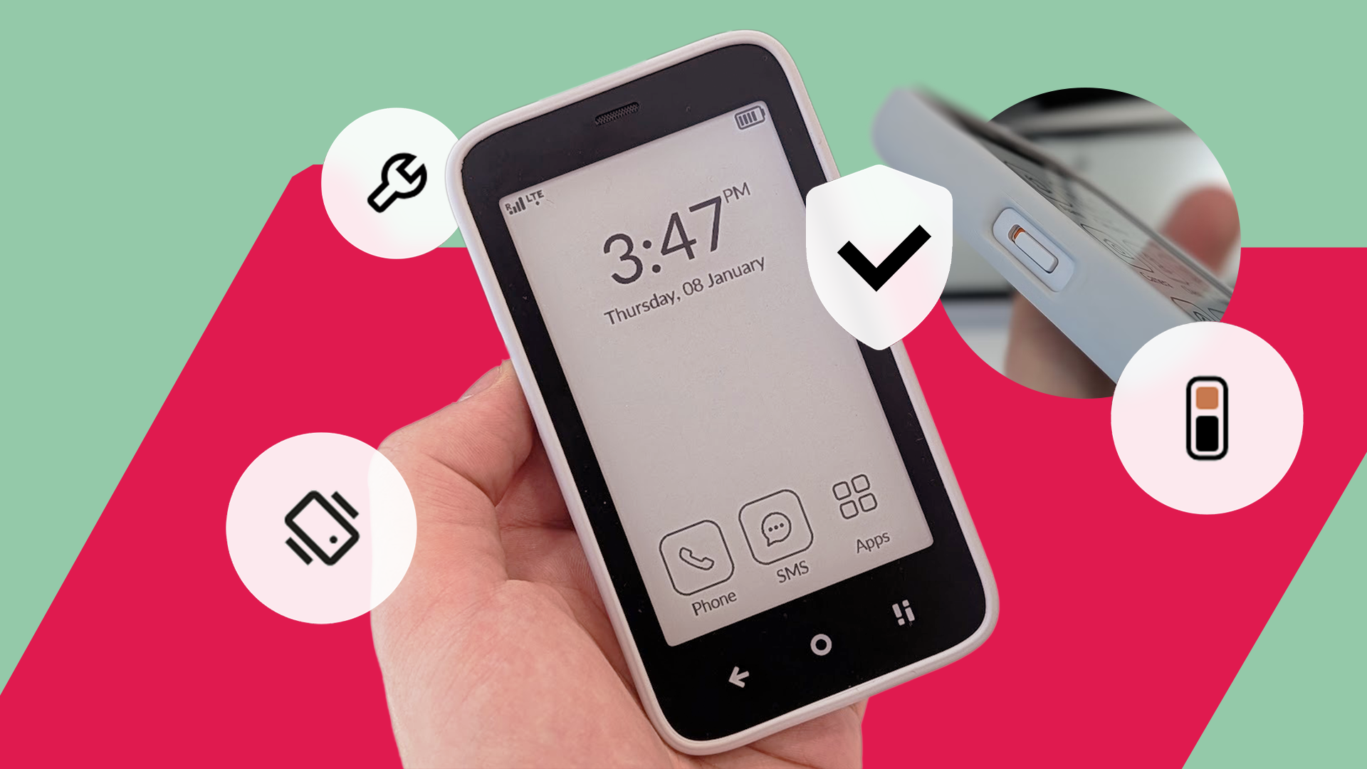 Hand holding a Mudita Kompakt, featuring a close-up of its physical side switch and floating security icons.