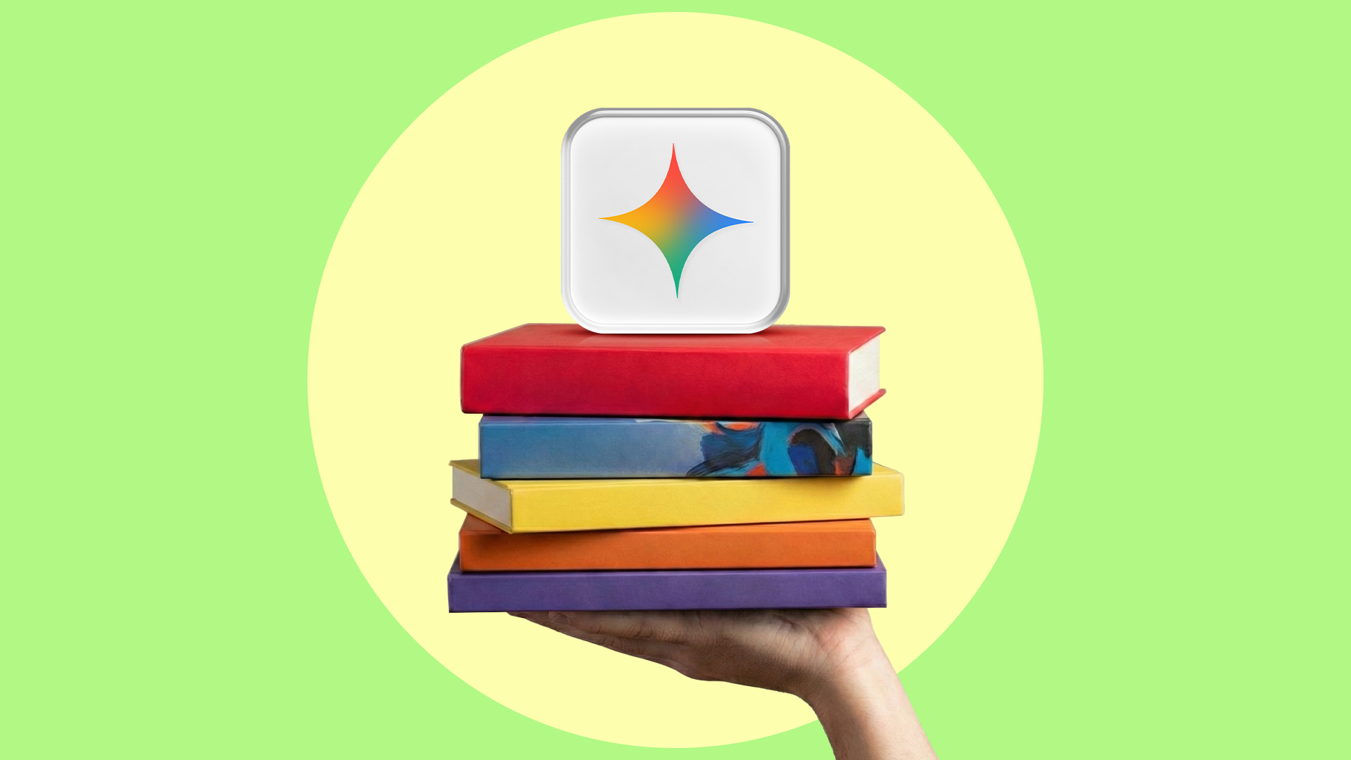 Hand holding a stack of books topped with the Google Gemini logo
