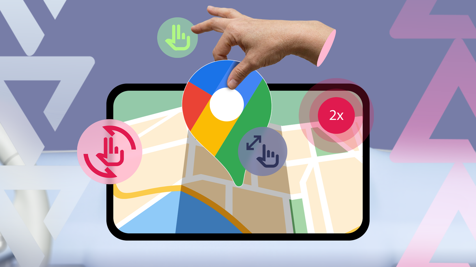 Mão colocando um alfinete grande do Google Maps em uma tela, cercado por ícones flutuantes que representam vários gestos de toque