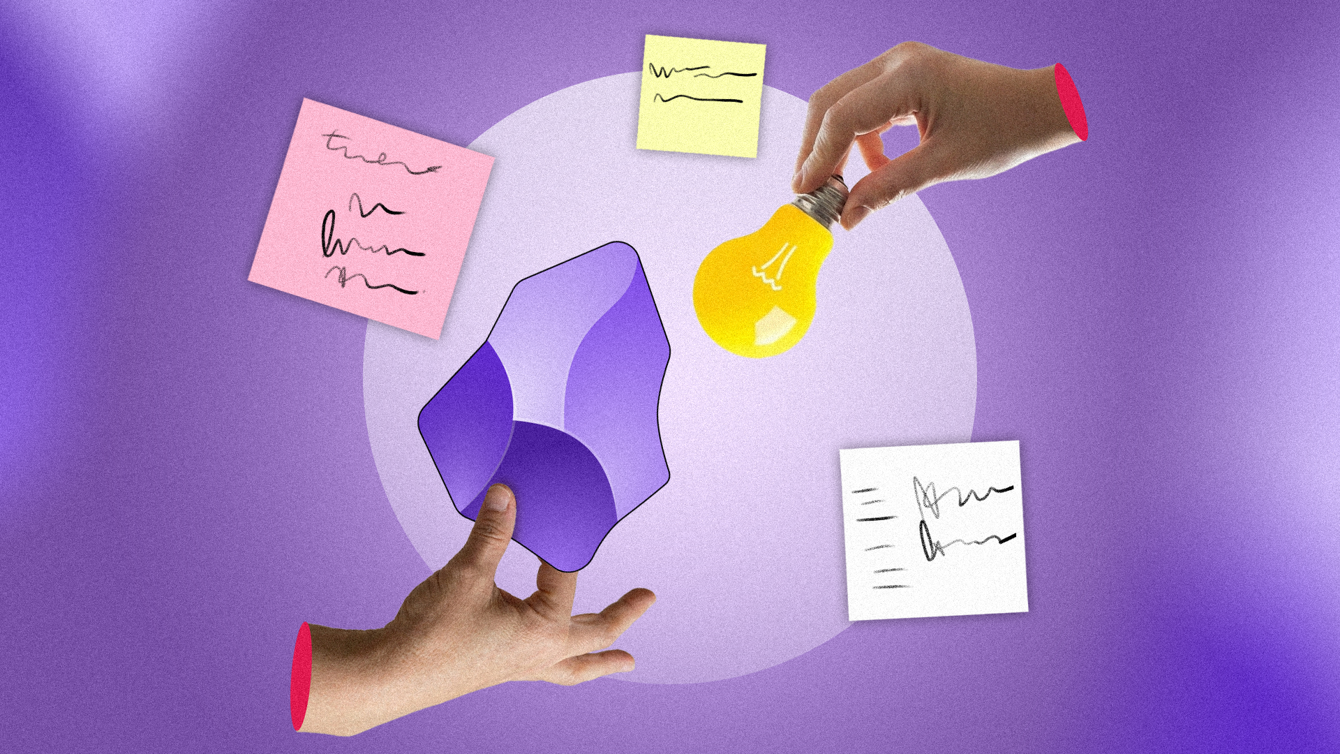 Hands holding the Obsidian logo and a lightbulb, surrounded by floating sticky notes on a purple background.