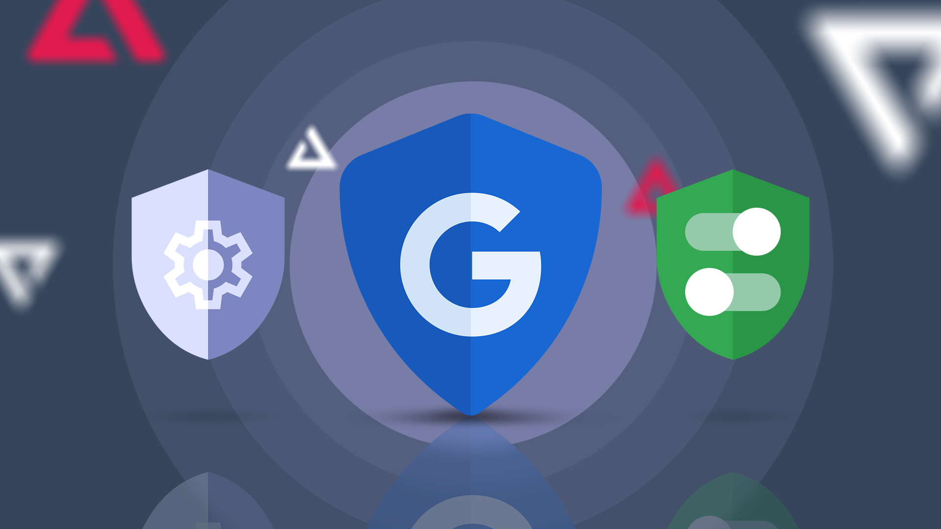 Illustration of a Google shield flanked by settings and toggle switch icons.