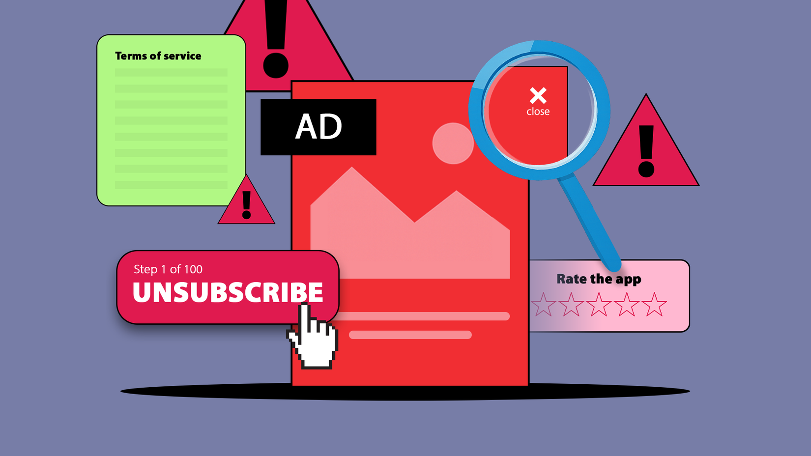 Ilustração de padrões de UI hostis mostrando uma lupa destacando um pequeno botão de fechar, um botão de cancelamento de inscrição 'Etapa 1 de 100' e pop-ups intrusivos.