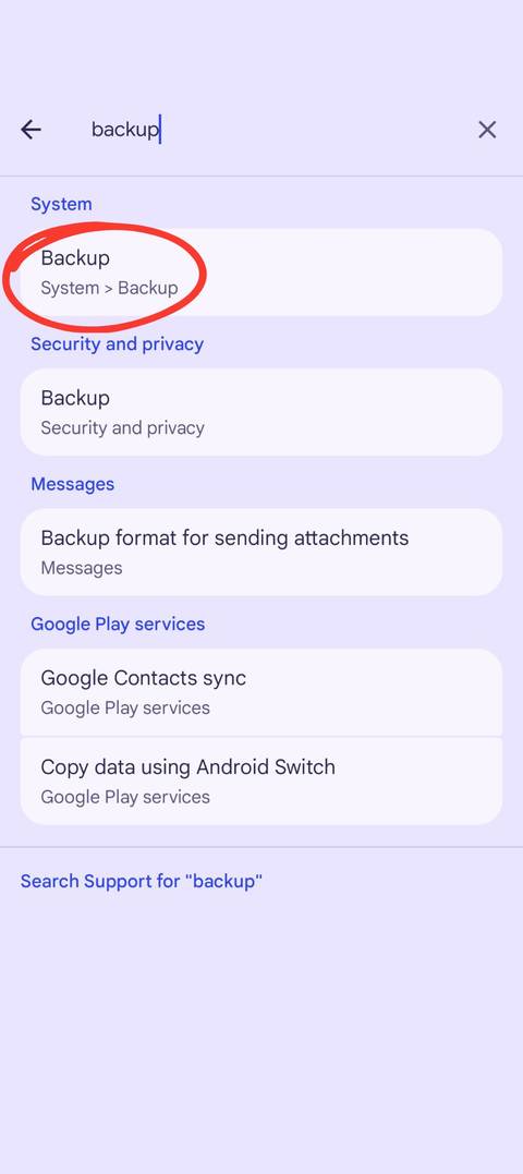 A screenshot showing a search for the term "backup" in the Settings app