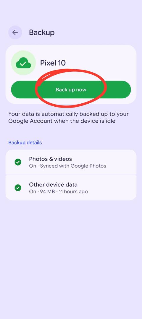 A screenshot showing the backup menu, with the 'backup now' button circled in red