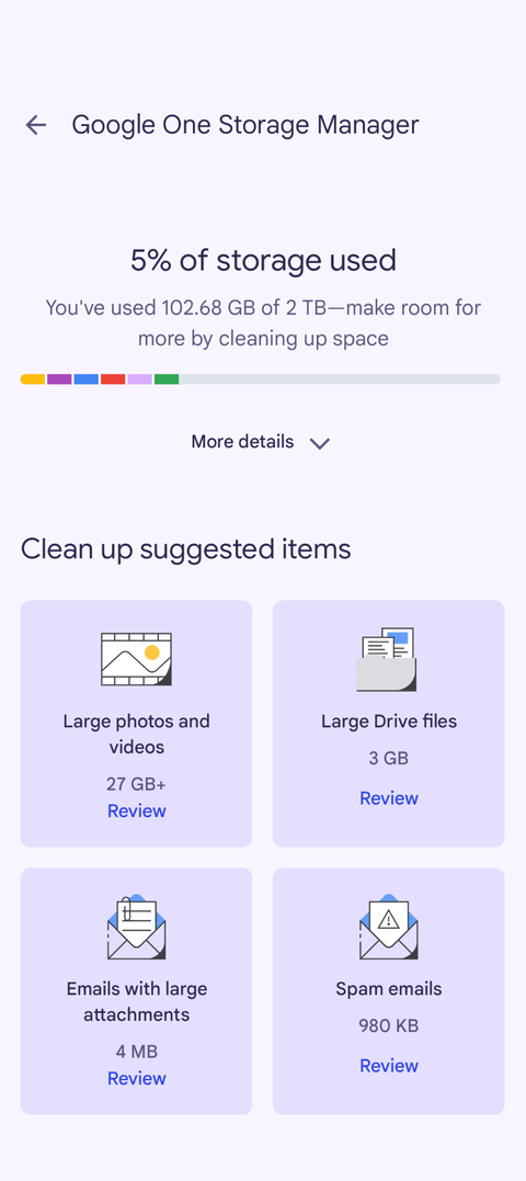 Uno screenshot che mostra il menu di gestione dello spazio di archiviazione di Google One