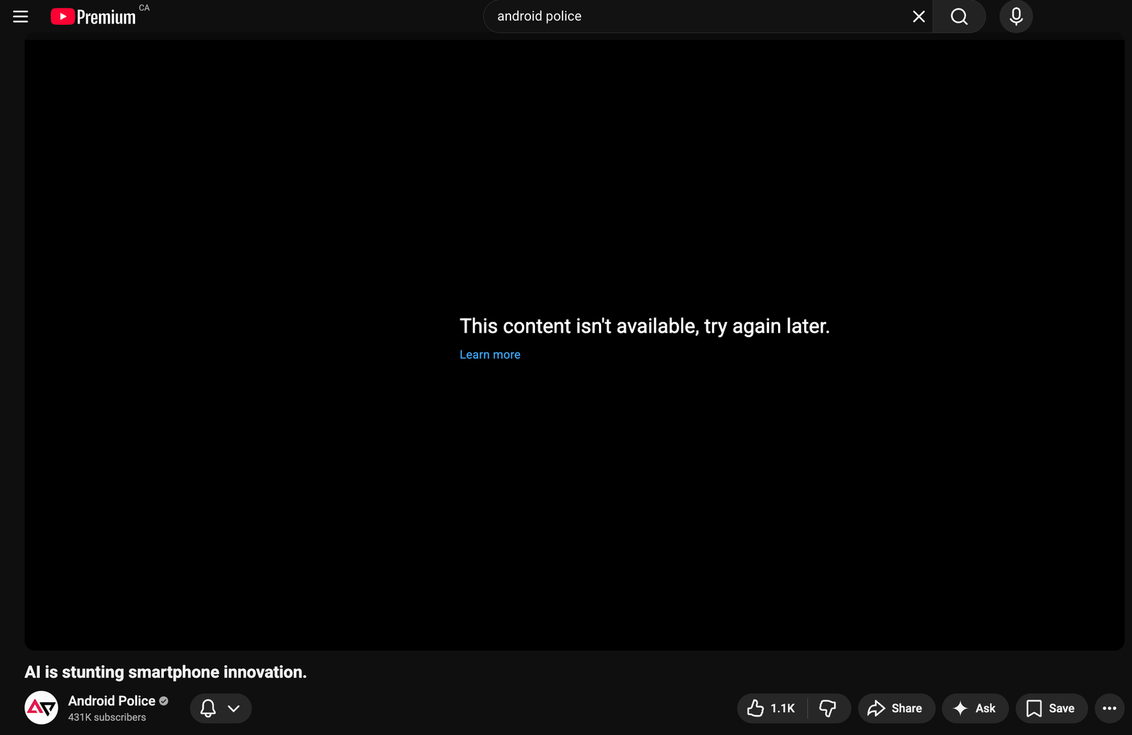 Uma captura de tela destacando o erro de conteúdo indisponível do YouTube em um vídeo do Android Police.