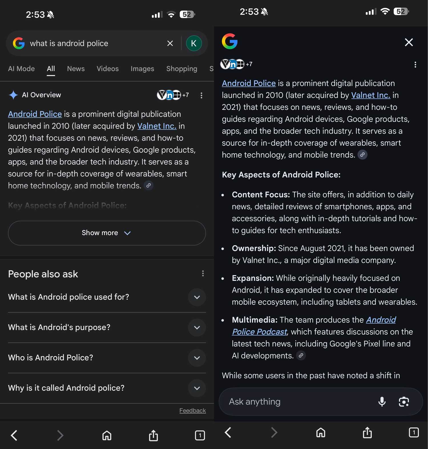 Capturas de tela destacando o gateway do Modo AI do AI Overviews no iOS.