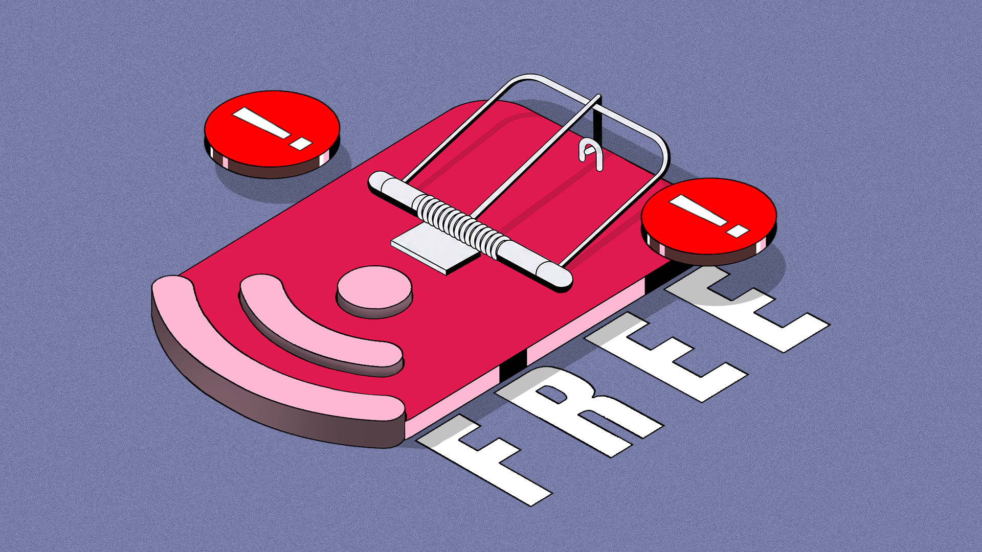 Isometric illustration of a red mousetrap labeled ‘FREE’ with a Wi-Fi symbol, surrounded by warning exclamation icons.