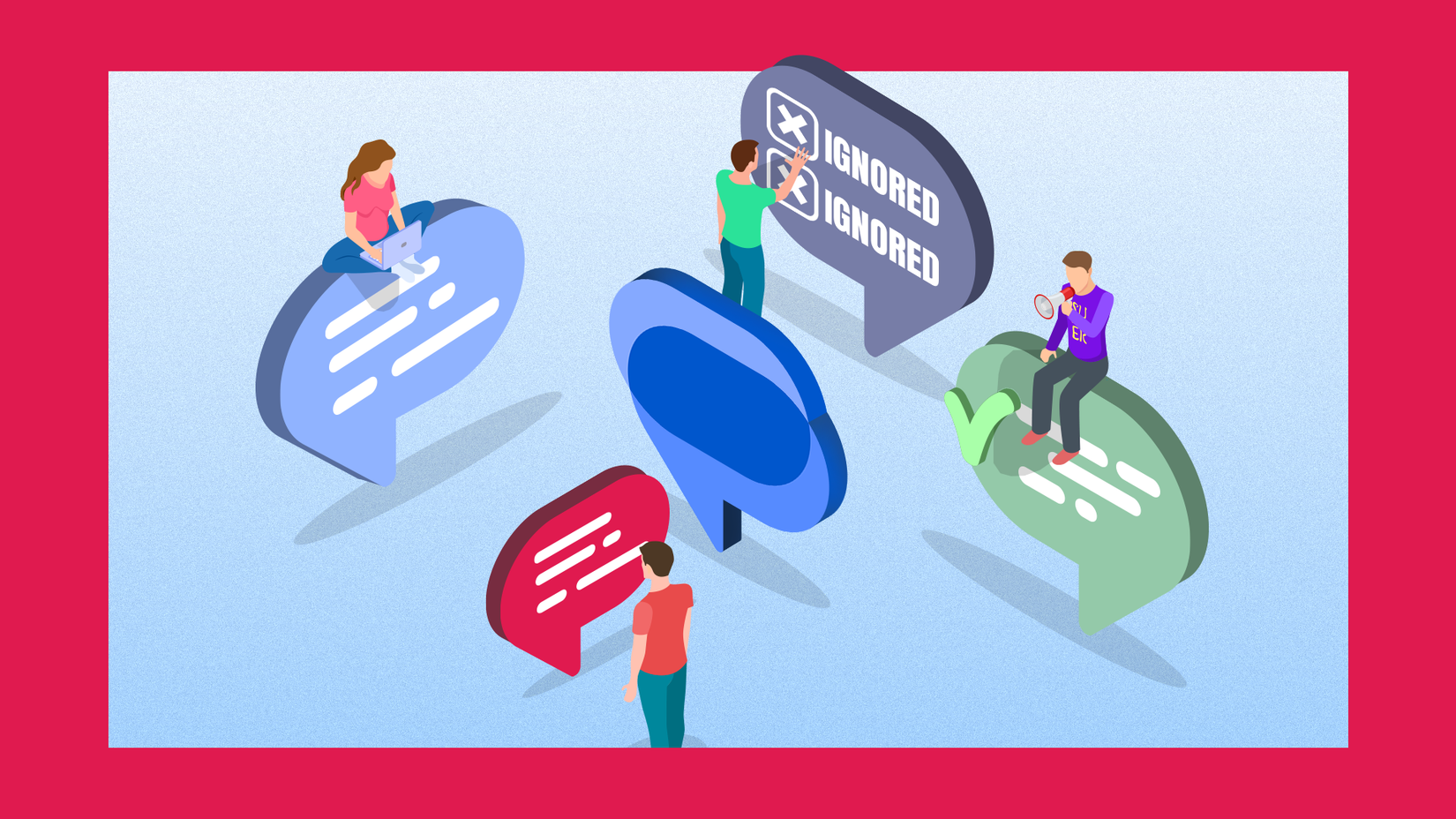 Ilustração isométrica de pessoas interagindo com balões de fala que representam o Mensagens do Google, destacando que eles foram rotulados como 'IGNORADOS' para representar feedback desconsiderado.