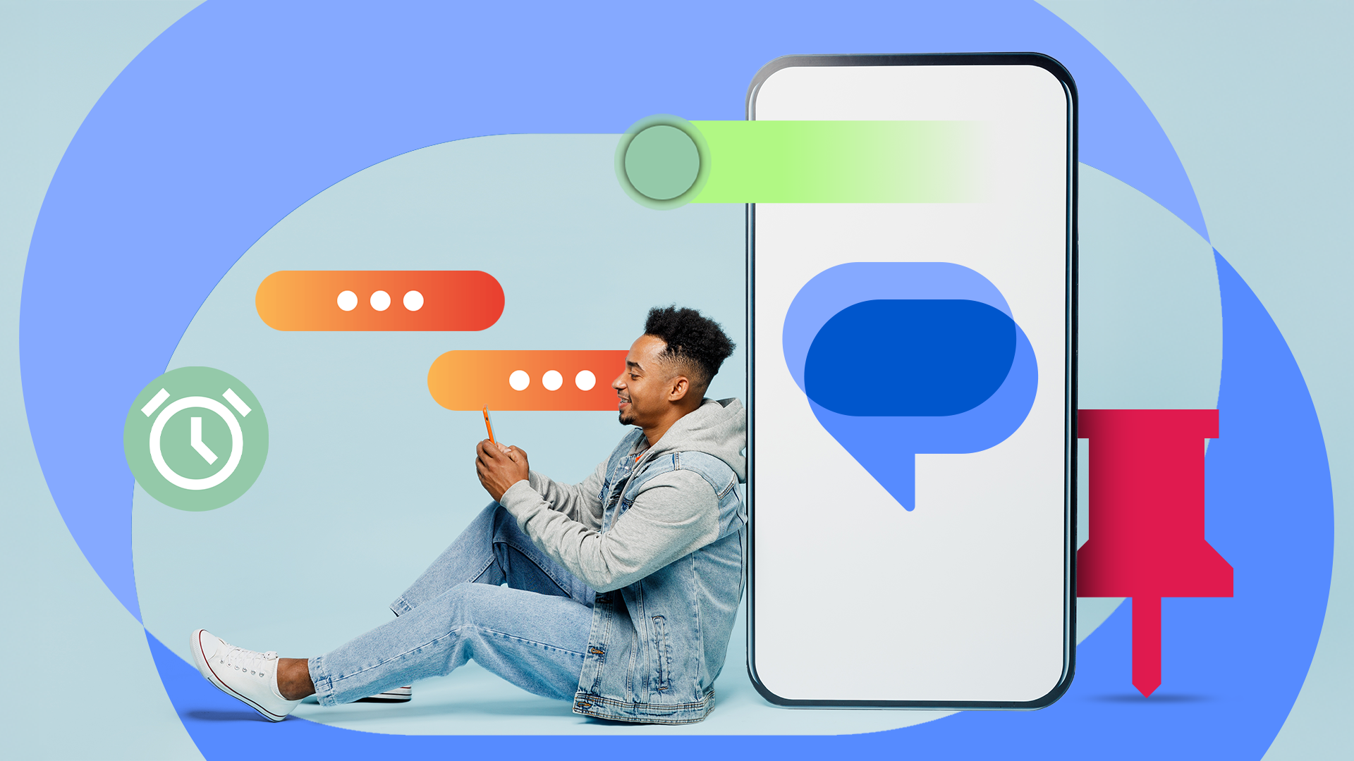 Man sitting with a phone next to a large Google Messages logo, surrounded by icons for scheduling, pinning, and chat bubbles