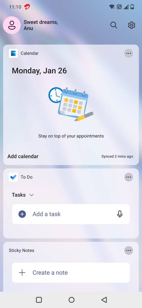 Screenshot showing the Microsoft Launcher default Glance page