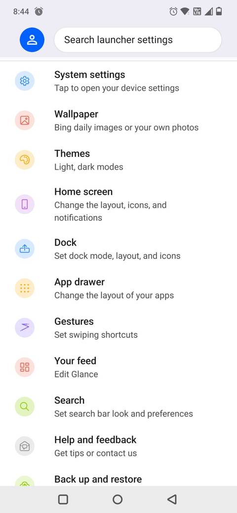 Screenshot showing the Microsoft Launcher Settings page