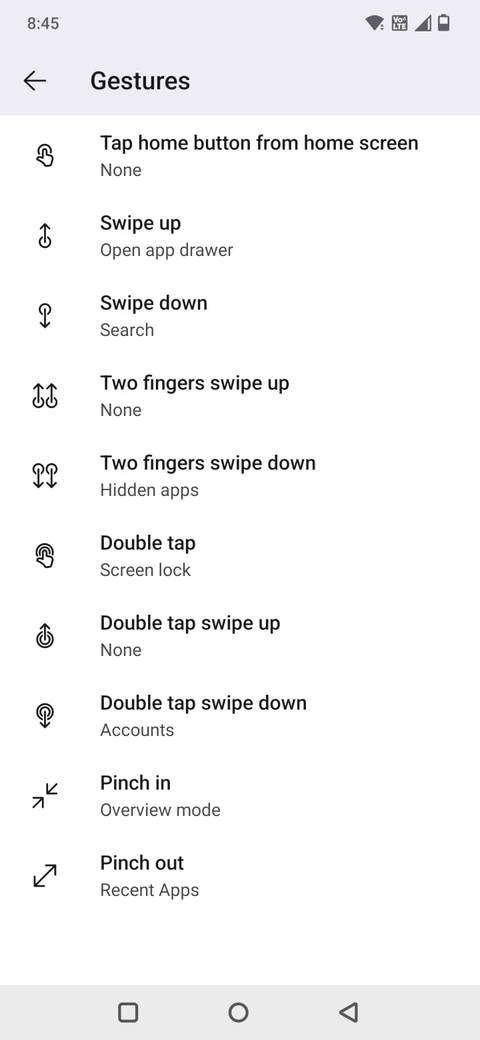 Screenshot showing the Microsoft Launcher Gestures page