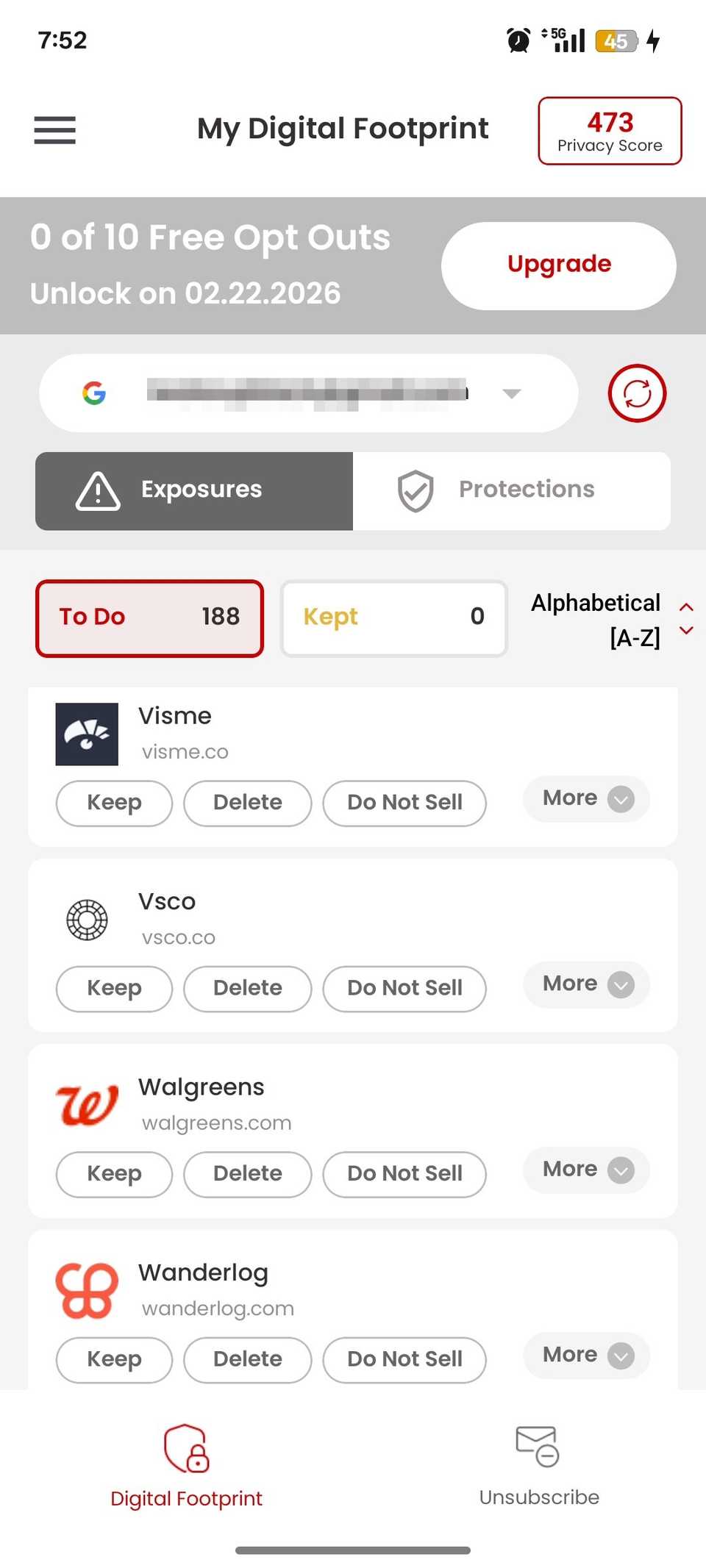 Digital Footprint menu showing list of connected accounts to user gmail address on PrivacyHawk app