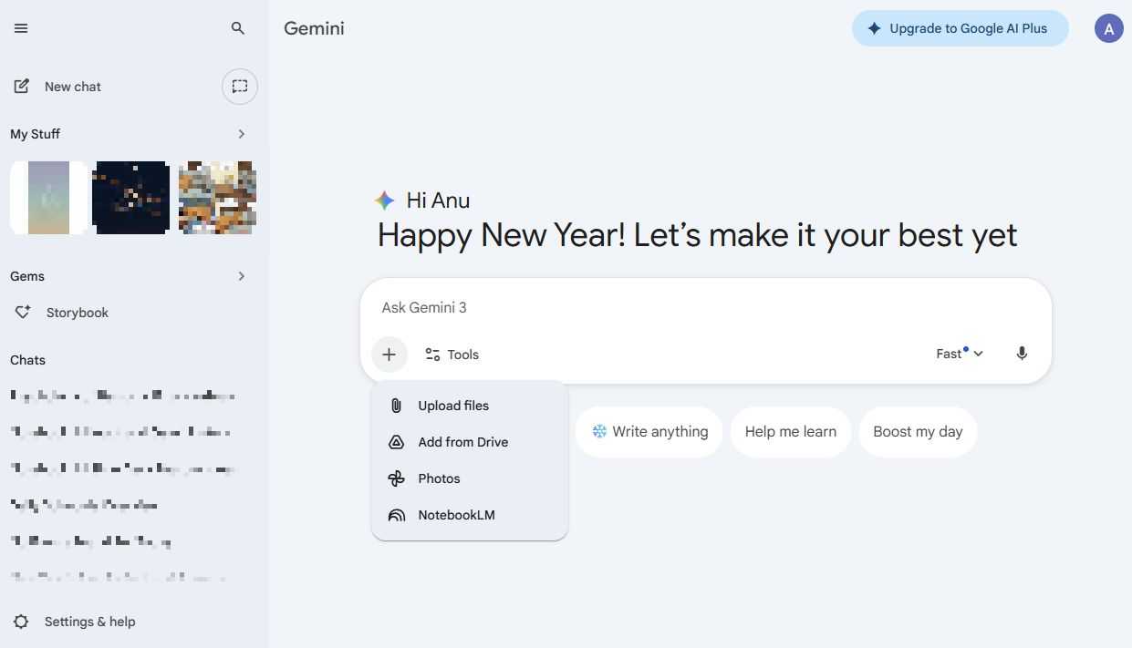 Screenshot showing the NotebookLM option in the Gemini chat box