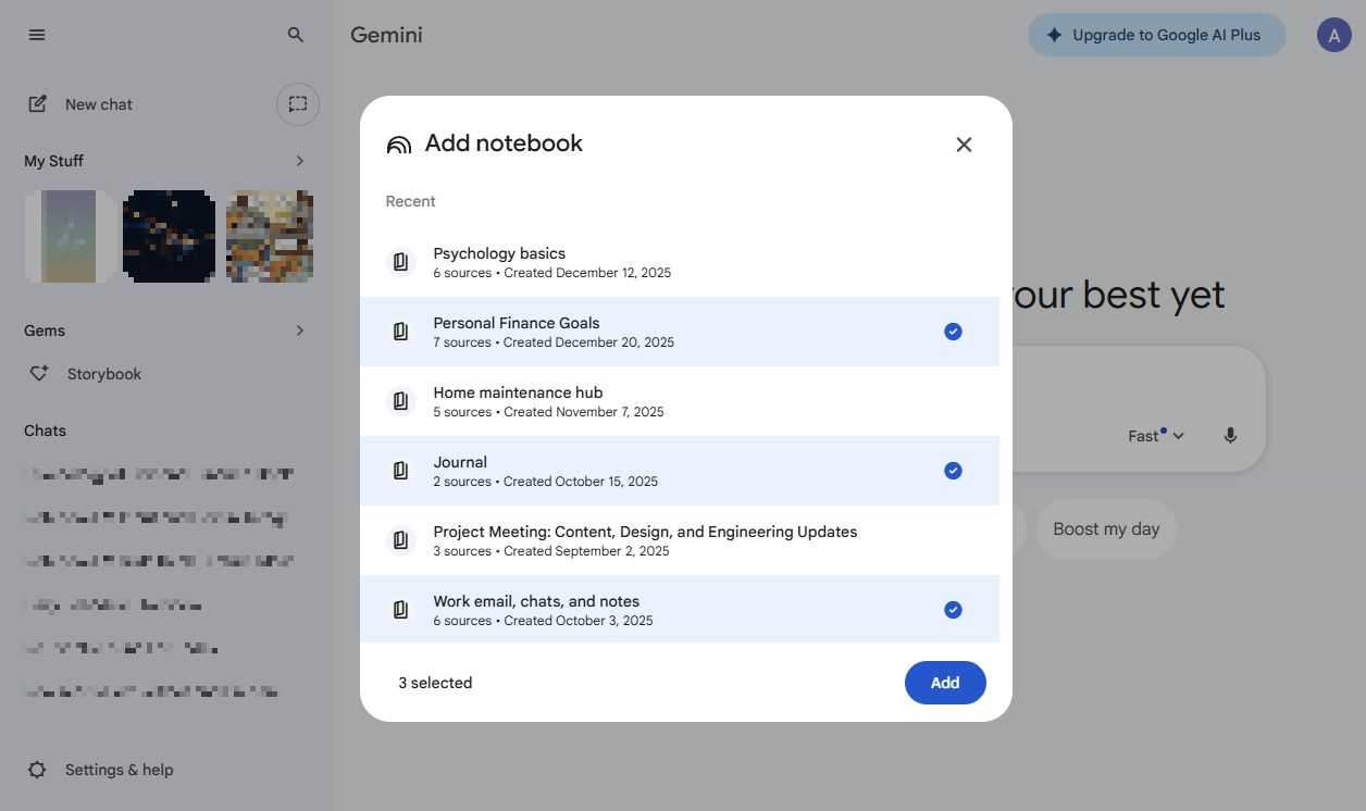 Screenshot showing all the notebooks that can be added to Gemini