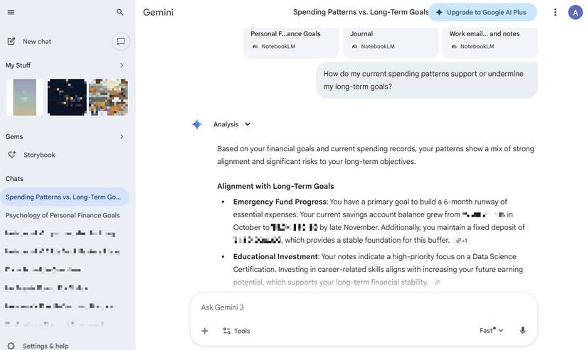 Captura de tela mostrando a resposta do Gemini a um prompt vinculando várias fontes do NotebookLM