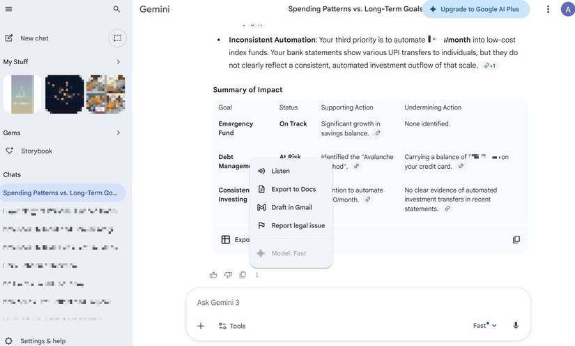 Captura de tela mostrando a opção Exportar para Documentos no Gemini