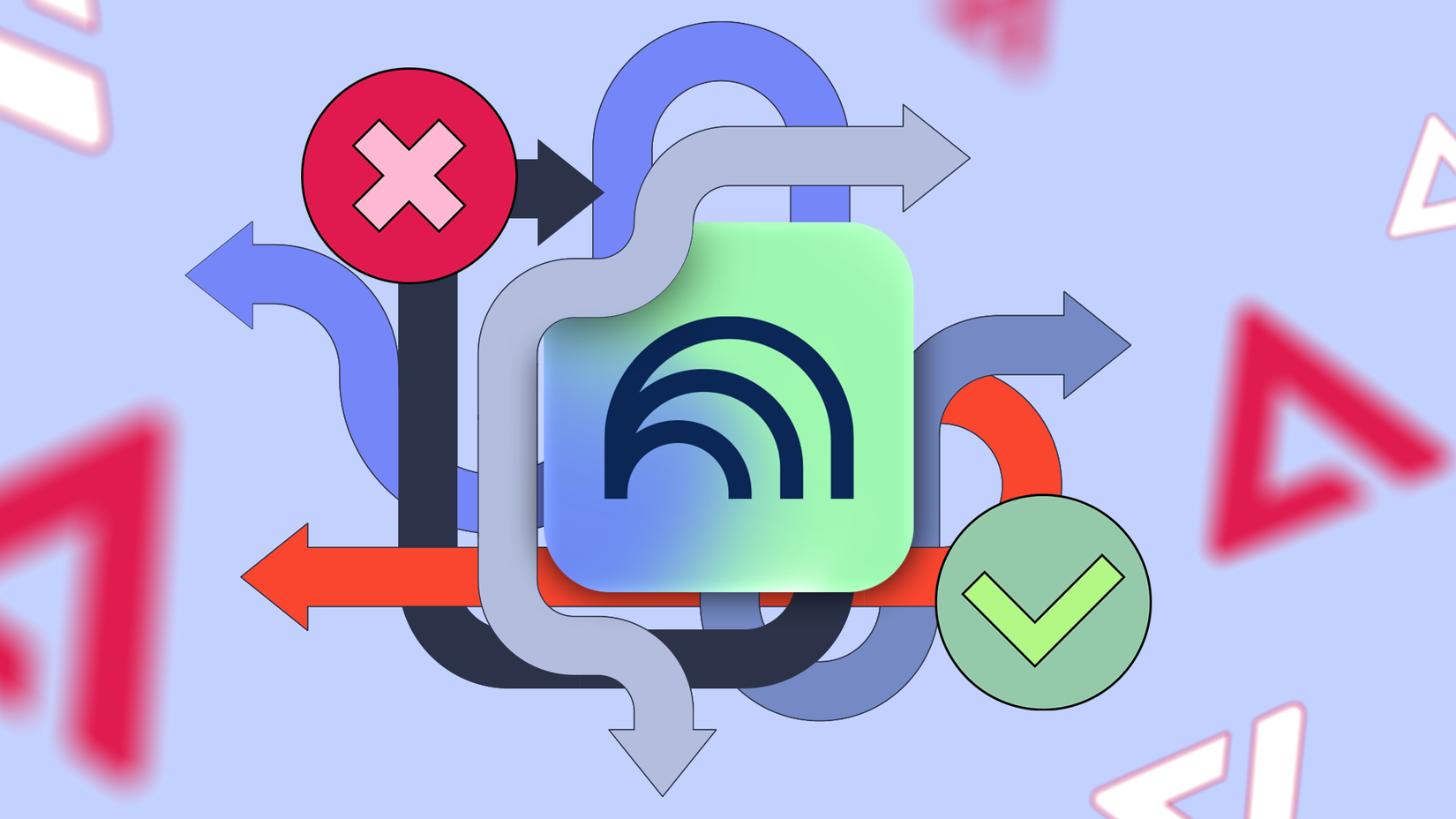 NotebookLM logo centered among winding arrows pointing to a red 'X' icon and a green checkmark icon.