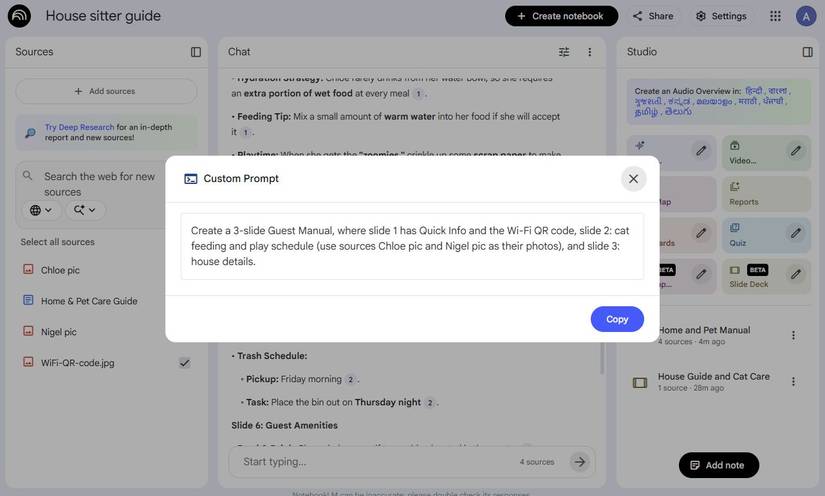 Screenshot di Slide Deck in NotebookLM con la richiesta di creare un manuale per l'house sitter