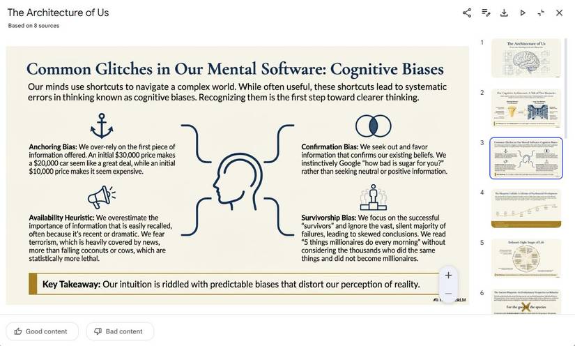 Captura de tela de uma apresentação de slides no NotebookLM explicando preconceitos cognitivos