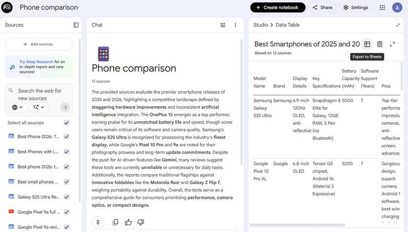 Screenshot che mostra l'opzione Esporta su Fogli in NotebookLM