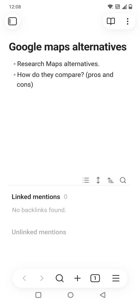 Screenshot che mostra una nota nell'app mobile Obsidian