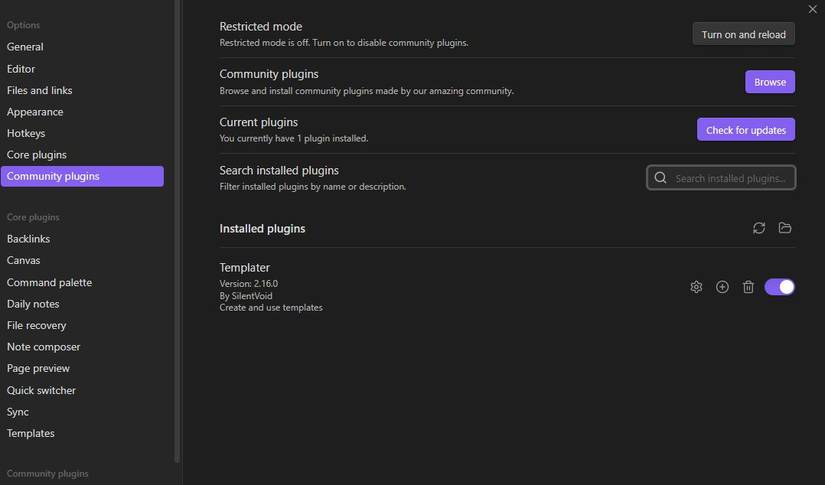 Screenshot che mostra le opzioni del plugin della community in Obsidian