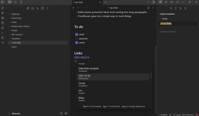 Screenshot che mostra come aggiungere collegamenti in Obsidian