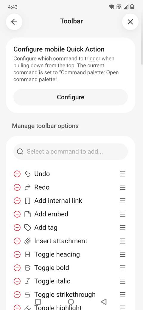 Screenshot che mostra il menu della barra degli strumenti sull'app mobile Obsidian