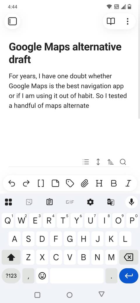 Screenshot che mostra la barra degli strumenti dell'app mobile Obsidian