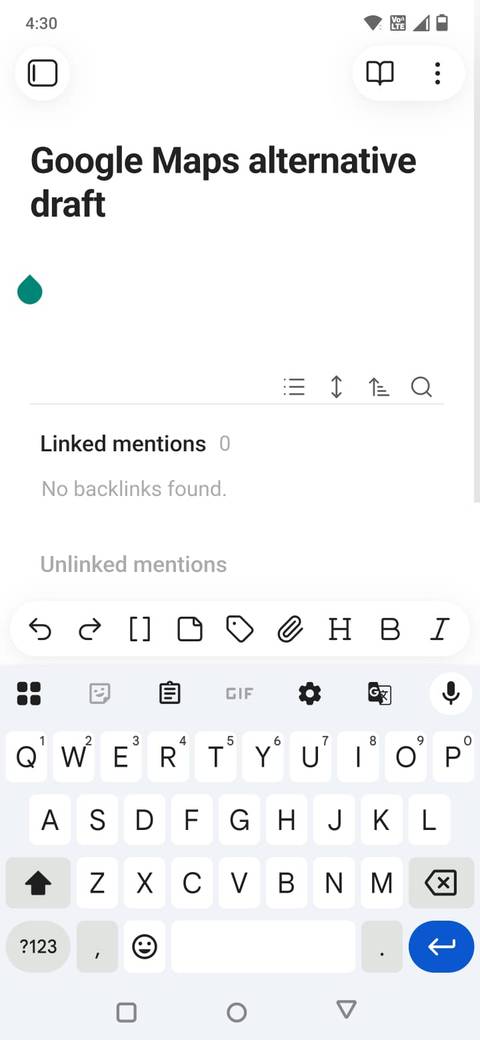 Screenshot che mostra l'icona microphpne di Gboard sull'app mobile Obsidian