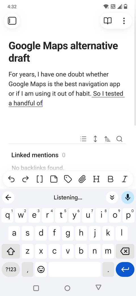 Screenshot che mostra la digitazione vocale di Gboard sull'app mobile Obsidian