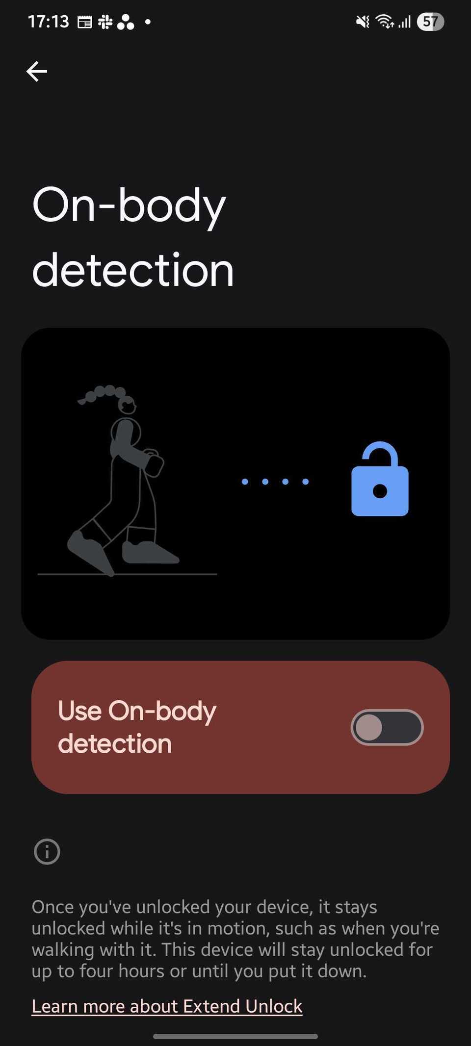 Screenshot showing on body detection toggle on Extend Unlock page in One UI's Settings