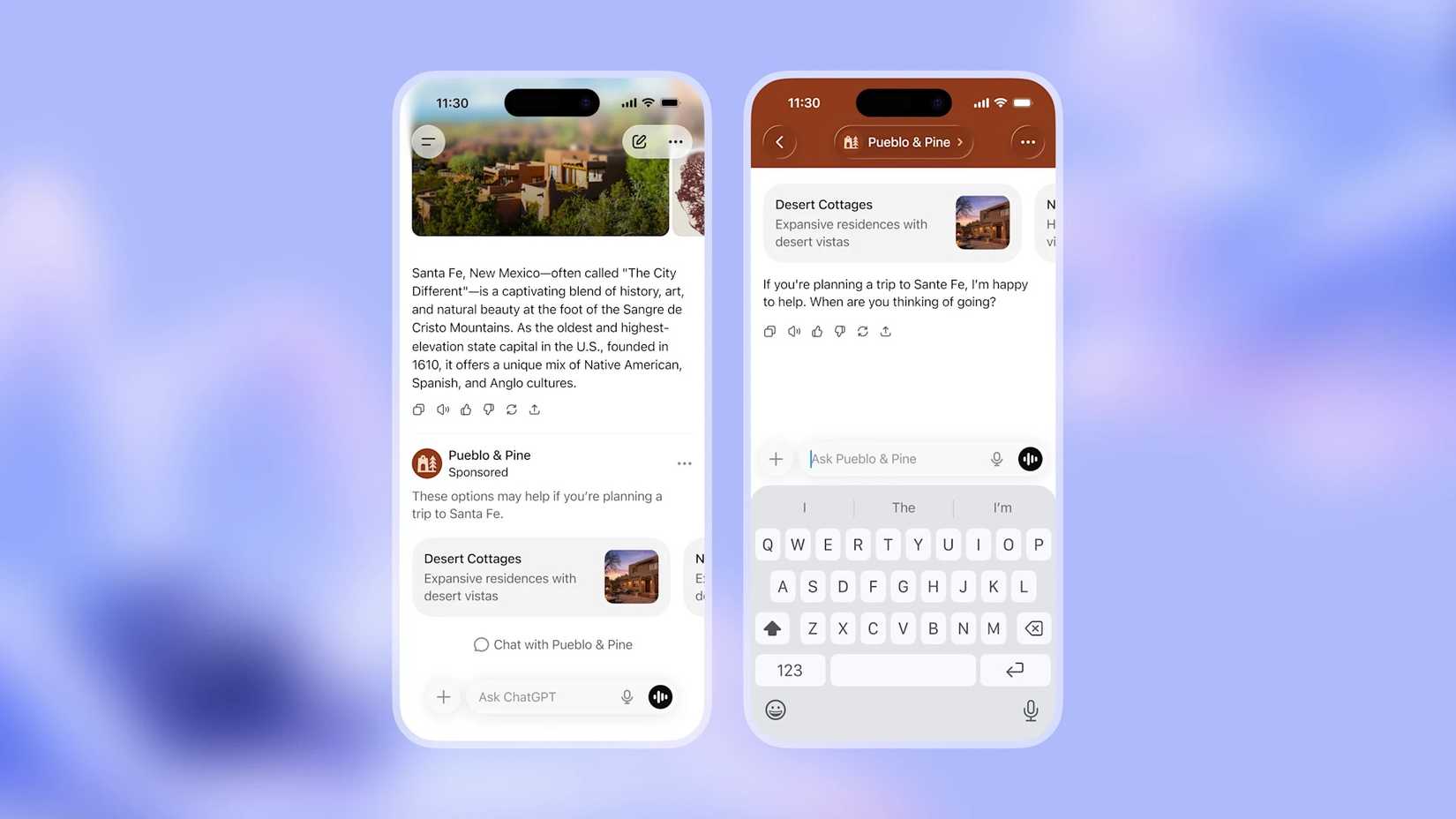 Uma captura de tela mostrando o formato dos anúncios do ChatGPT em duas telas