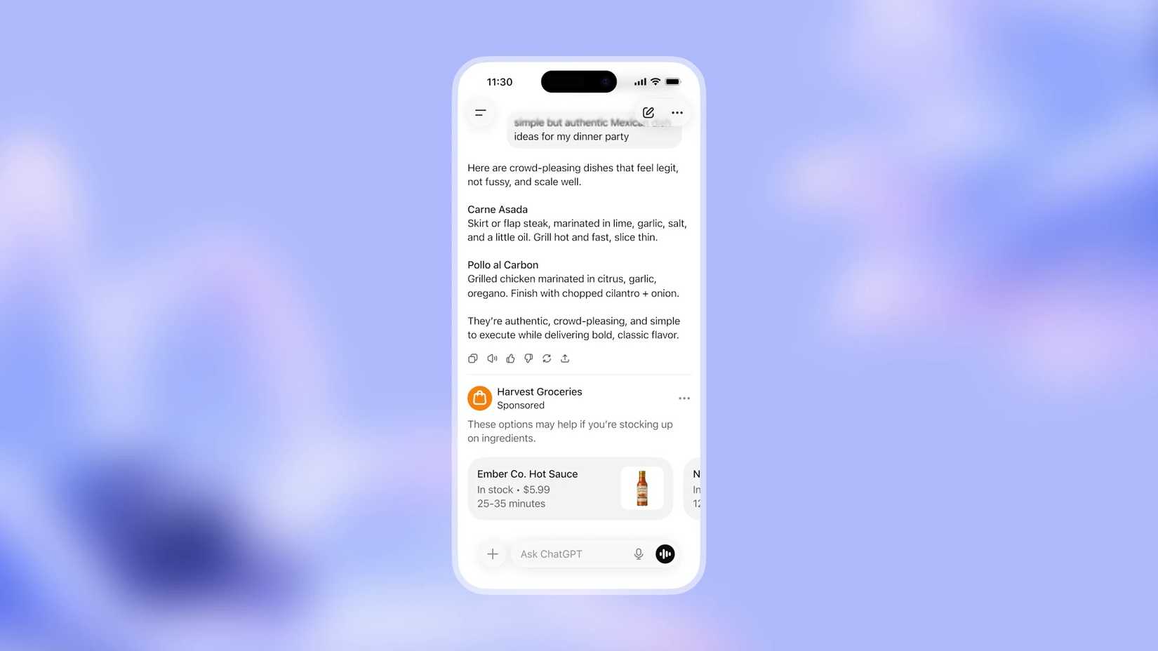 Uno screenshot che mostra il prossimo formato di annunci di ChatGPT